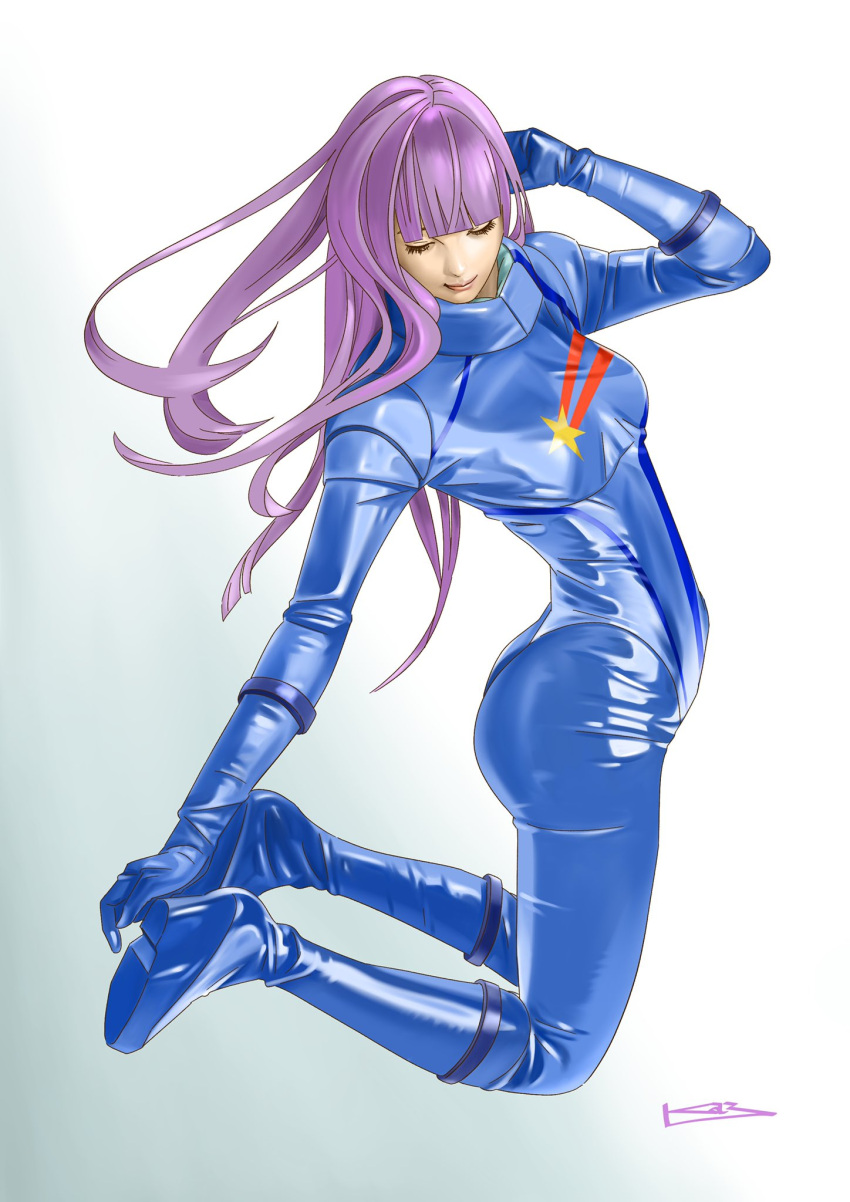 1girl ass blue_background boots breasts closed_eyes emblem gloves gradient gradient_background gundam gundam_zz highres lips long_hair pilot_suit purple_hair roux_louka signature small_breasts solo spacesuit toweling3