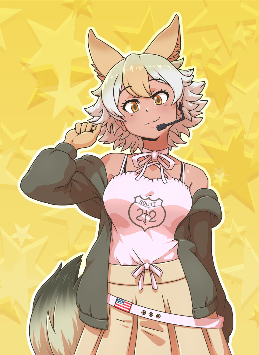 absurdres acesrulez adapted_costume american_flag beige_skirt belt blonde_hair blush choker commentary coyote_(kemono_friends) coyote_ears coyote_girl coyote_tail extra_ears eyebrows_visible_through_hair grey_sweater highres kemono_friends kemono_friends_v_project looking_at_viewer microphone multicolored_hair neck_ribbon off-shoulder_sweater off_shoulder official_alternate_costume pleated_skirt ribbon shirt short_hair skirt smile spaghetti_strap sweater virtual_youtuber white_belt white_choker white_hair white_shirt yellow_eyes