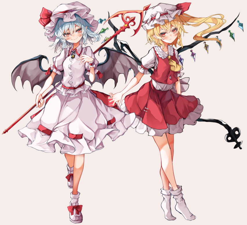 2girls absurdres ascot bat_wings blush bobby_socks boots bow breasts crystal eyebrows_visible_through_hair flandre_scarlet frilled_shirt_collar frills full_body hair_between_eyes hand_up hat hat_bow head_tilt highres holding holding_polearm holding_weapon laevatein_(touhou) light_blue_hair looking_at_viewer medium_hair mob_cap multiple_girls one_side_up petticoat pink_footwear pink_headwear pointy_ears polearm puffy_short_sleeves puffy_sleeves red_bow red_eyes red_skirt red_vest remilia_scarlet shirt short_hair_with_long_locks short_sleeves siblings simple_background sisters skirt small_breasts smile socks spear_the_gungnir tiptoes touhou tsune_(tune) vest weapon white_background white_headwear white_legwear white_shirt white_skirt wings wrist_cuffs yellow_ascot