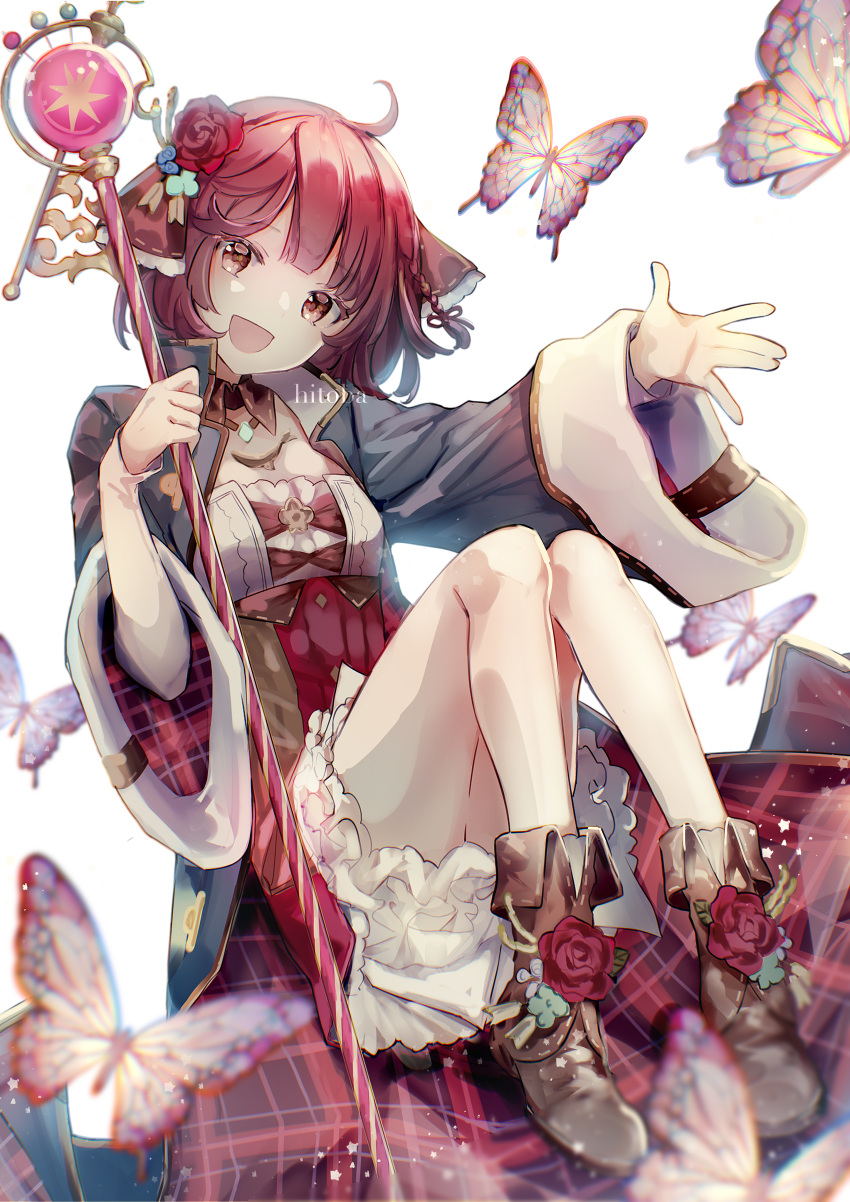1girl :d absurdres artist_name atelier_(series) atelier_sophie bangs blue_coat brown_eyes brown_footwear bug butterfly coat dress eyebrows_visible_through_hair flower full_body hair_flower hair_ornament hi_to_ba highres holding holding_staff jewelry long_sleeves looking_at_viewer multicolored_clothes multicolored_dress necklace open_clothes open_coat red_flower red_ribbon red_rose redhead ribbon rose short_hair smile sophie_neuenmuller staff striped striped_dress white_background white_sleeves wide_sleeves
