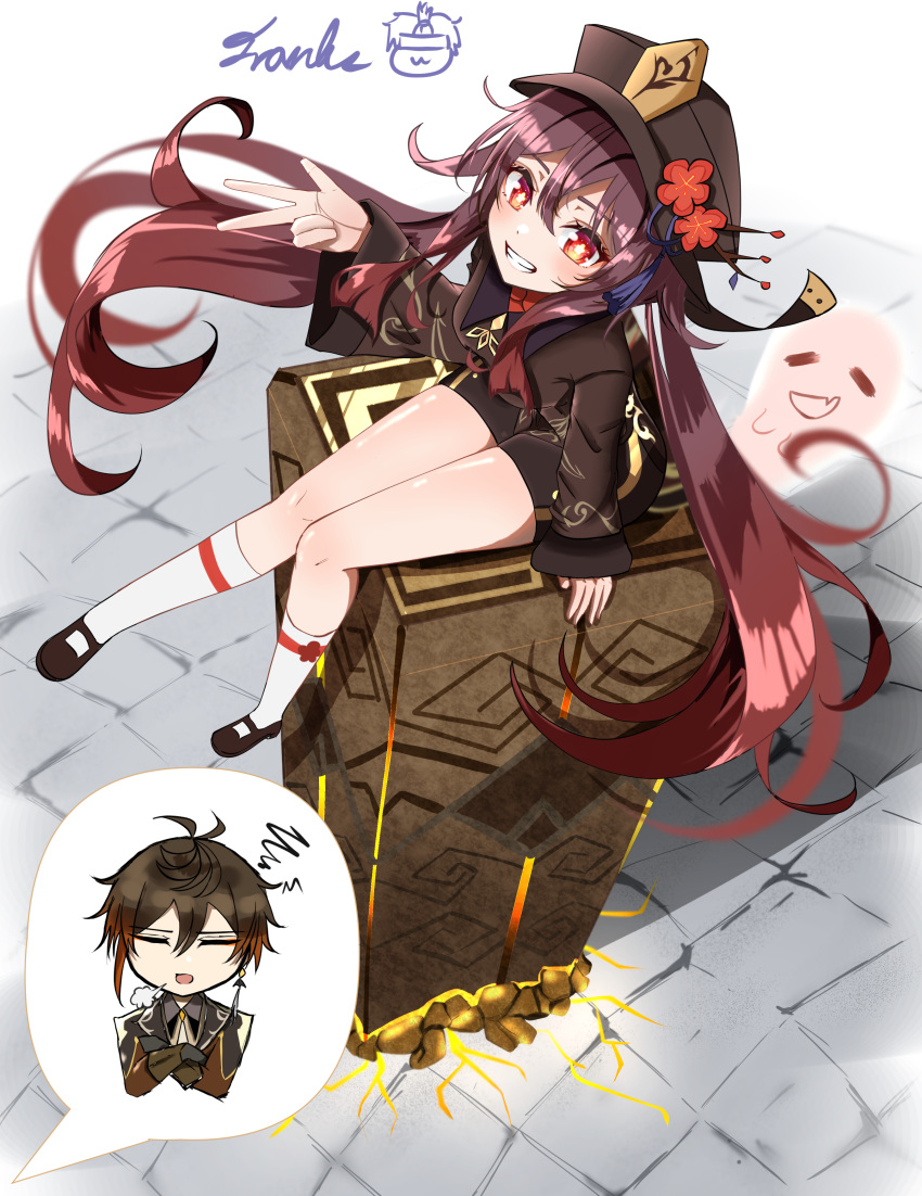 absurdres brown_hair closed_eyes crossed_arms earrings full_body genshin_impact ghost hat highres hu_tao_(genshin_impact) jewelry legs long_sleeves mrt03595138 open_mouth pillar red_eyes shorts sitting smile thought_bubble top_hat twintails zhongli_(genshin_impact)
