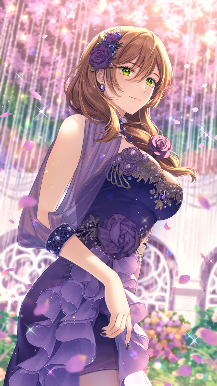 1girl akatsuki_(4941086) alternate_costume bare_shoulders blurry blurry_background breasts brown_hair closed_mouth dress earrings falling_petals flower frilled_skirt frills from_below genshin_impact green_eyes hair_between_eyes hair_flower hair_ornament hair_over_shoulder highres jewelry large_breasts lisa_(genshin_impact) long_hair low_tied_hair nail_polish petals purple_dress purple_flower purple_nails purple_rose rose skirt solo standing