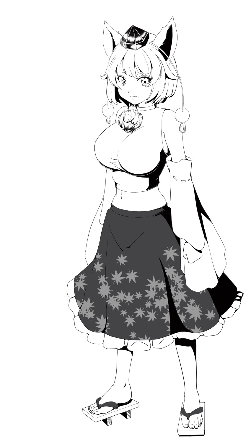 1girl absurdres animal_ears bangs bare_shoulders black_skirt breasts closed_mouth flip-flops full_body highres inubashiri_momiji lineart looking_at_viewer manryo_(135236jp) monochrome sandals shirt short_hair skirt solo toes touhou white_eyes white_hair white_shirt white_sleeves wolf_ears wolf_girl