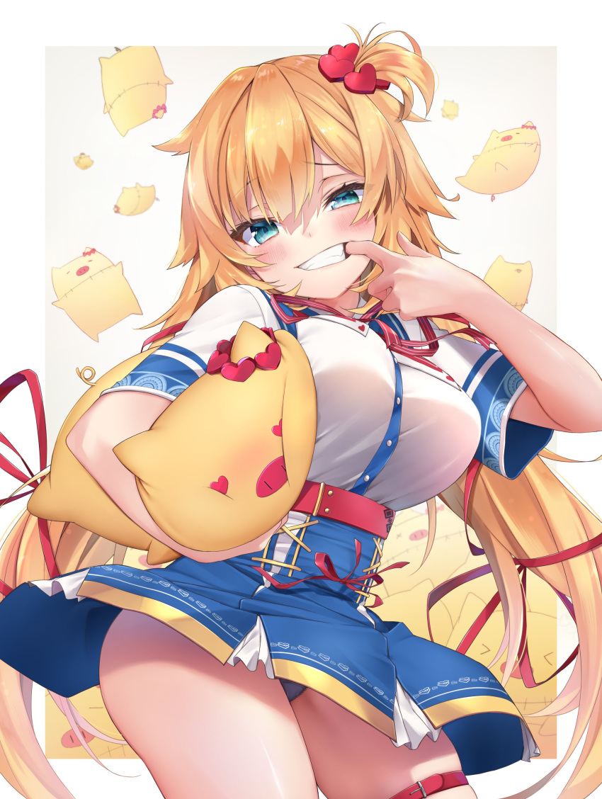 1girl absurdres akai_haato bangs blonde_hair blue_eyes blue_skirt blush breasts cowboy_shot eyebrows_visible_through_hair finger_in_mouth grin haaton_(akai_haato) hair_ornament hair_ribbon heart heart_hair_ornament highres hololive large_breasts long_hair looking_at_viewer makinan mouth_pull neck_ribbon one_side_up panties panty_peek red_ribbon ribbon shirt short_sleeves simple_background skirt smile solo standing stuffed_animal stuffed_toy thigh_strap underwear very_long_hair virtual_youtuber white_shirt