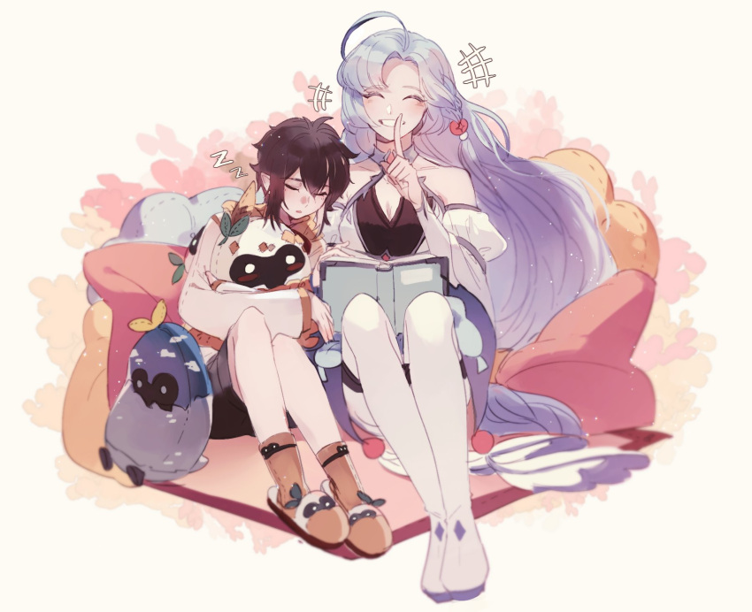 1boy 1girl androgynous black_hair blue_hair closed_eyes dongbaegsi finger_to_mouth highres laughing leaning_on_person long_hair lord_of_heroes lumie_miratisa lumie_miratisa_(water) nine_(dark) nine_(lord_of_heroes) object_hug otoko_no_ko pale_skin pillow pointy_ears shushing smile stuffed_animal stuffed_toy