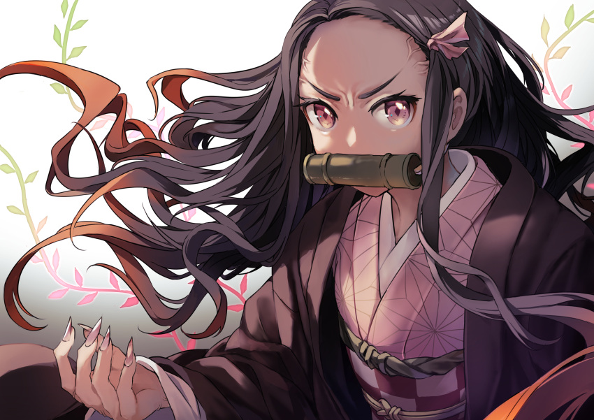 1girl absurdres bamboo bit_gag black_hair brown_hair commentary_request fingernails forehead gag gradient gradient_background gradient_hair grey_background hair_ribbon highres japanese_clothes kamado_nezuko kimetsu_no_yaiba kimono long_fingernails long_hair looking_at_viewer mouth_hold multicolored_hair open_clothes pink_eyes pink_kimono pink_ribbon ribbon sharp_fingernails solo soranagi_yuki v-shaped_eyebrows very_long_hair white_background
