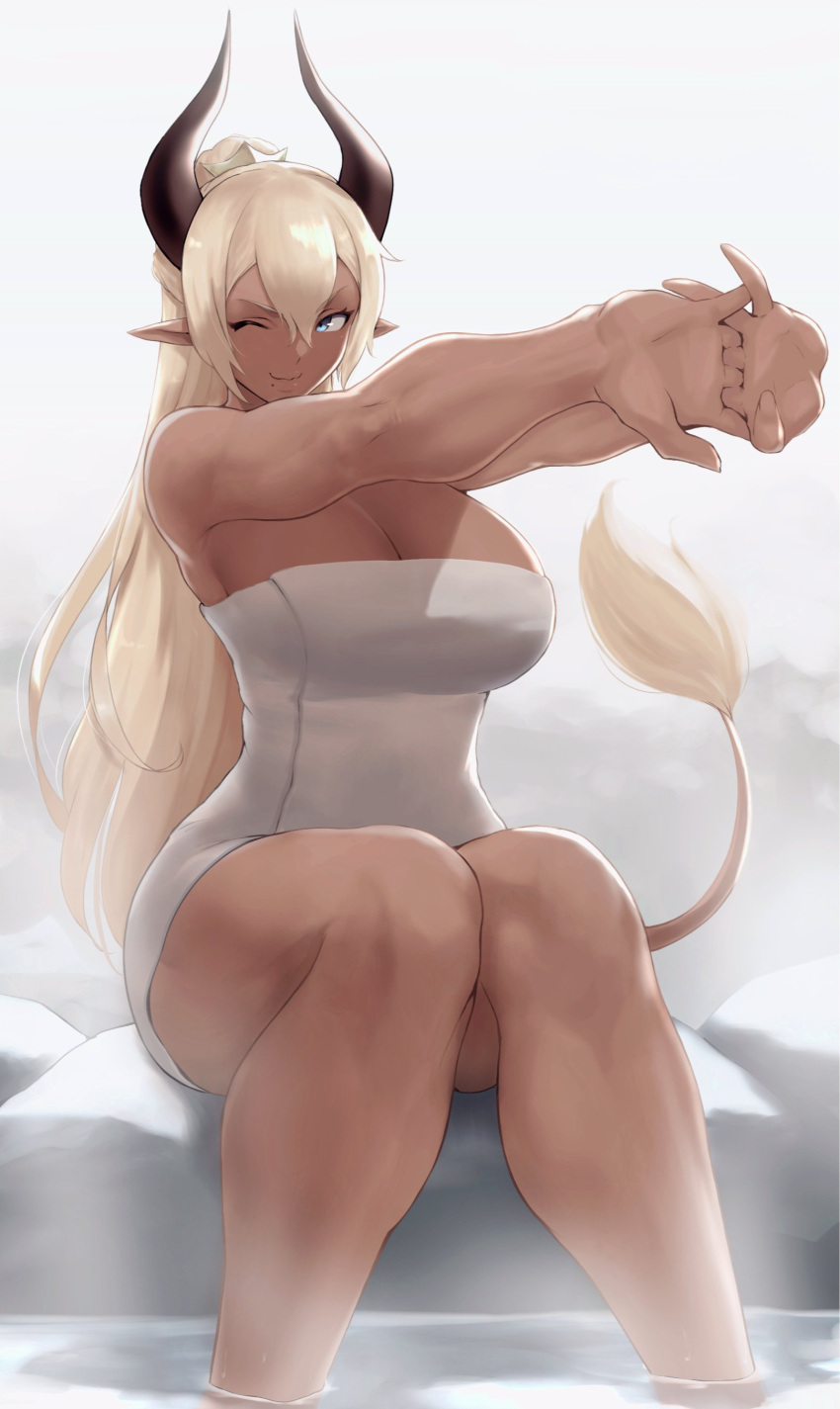 &gt;_o 1girl absurdres anagumasan bangs blue_eyes breasts character_request closed_mouth dark-skinned_female dark_skin hair_between_eyes highres horns large_breasts long_hair mole mole_under_mouth muscular muscular_female naked_towel one_eye_closed onsen original pointy_ears sitting sitting_on_rock smile soaking_feet steam stretch tail towel very_long_hair
