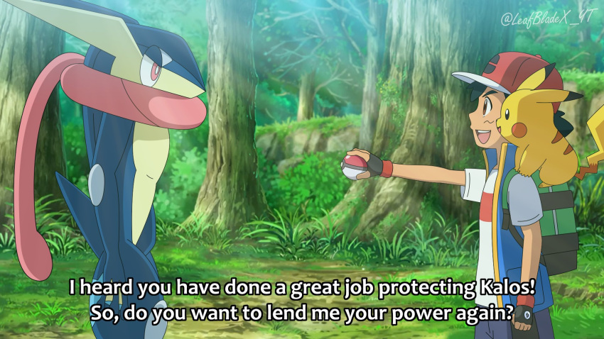 1boy :d ash_ketchum backpack bag baseball_cap black_hair blue_vest brown_eyes derivative_work english_commentary fingerless_gloves forest gloves green_bag greninja hat highres leafbladex_yt light_rays looking_at_another nature open_mouth outstretched_arm pikachu poke_ball poke_ball_(basic) pokemon pokemon_(anime) pokemon_(creature) pokemon_swsh_(anime) screencap_redraw shirt smile spiky_hair subtitled sunbeam sunlight teeth twitter_username upper_body upper_teeth vest white_shirt