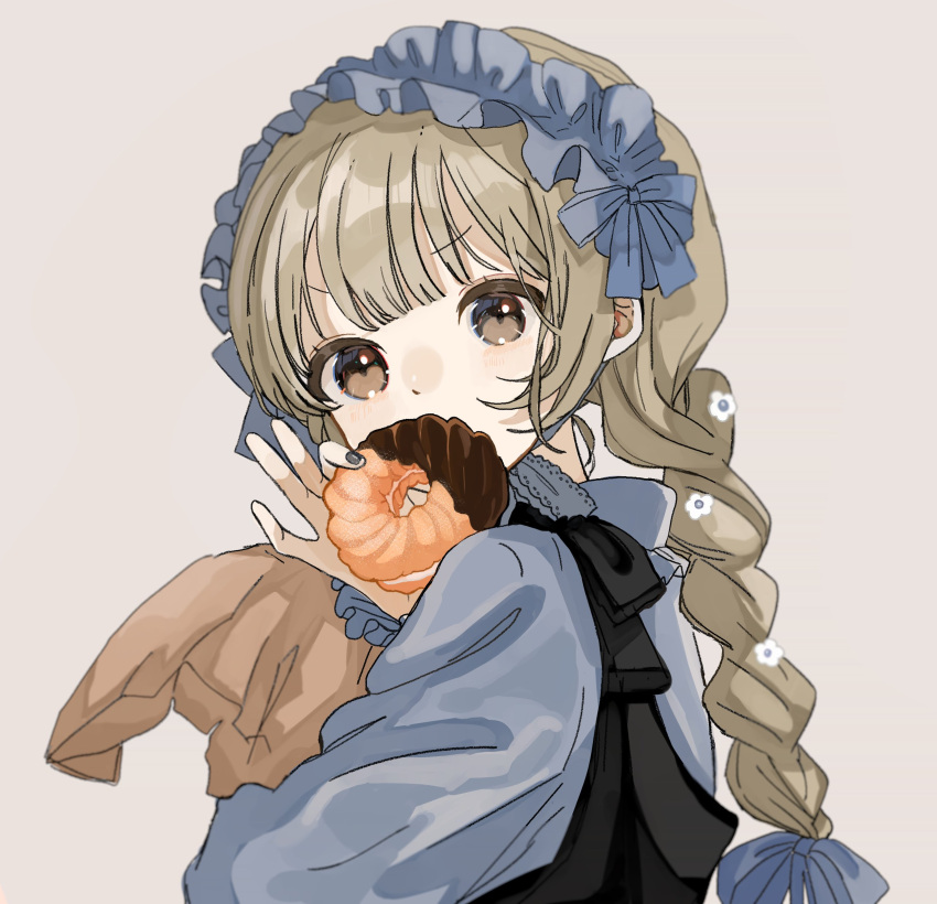 1girl absurdres angel_french bag black_dress blue_dress blue_nails brown_eyes brown_hair commentary doughnut dress food food_in_mouth french_cruller grey_background hairband highres holding holding_bag holding_food lolita_hairband long_sleeves maple_(abc2215) original paper_bag pinafore_dress puffy_long_sleeves puffy_sleeves simple_background solo symbol-only_commentary upper_body