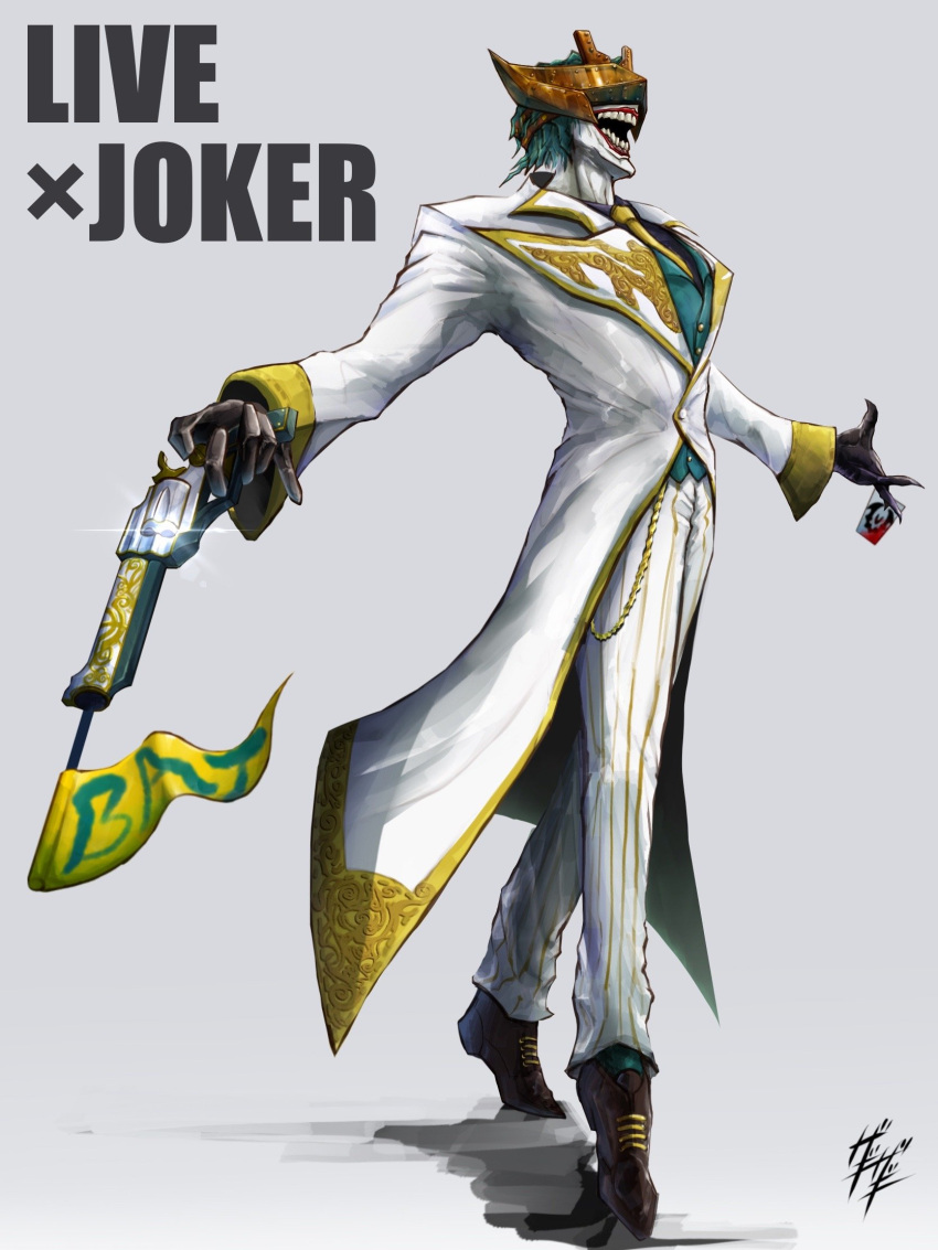 1boy batman_(series) card clown colored_skin commentary_request dc_comics english_text formal full_body fusion green_hair gun highres holding holding_gun holding_weapon joker_(dc) kamen_rider kamen_rider_live kamen_rider_revice mask necktie playing_card revolver short_hair signature smile solo suit teeth weapon white_skin white_suit zagizagi