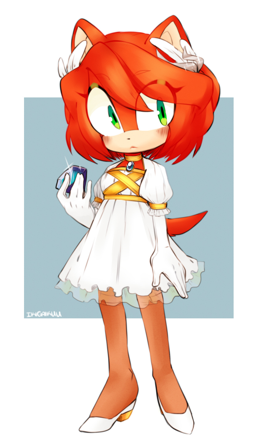 1girl dress elbow_gloves feather_hair_ornament feathers full_body furrification furry furry_female gem gloves green_eyes hair_ornament high_heels highres holding holding_gem lottei0 princess_elise_the_third redhead solo sonic_(series) sonic_the_hedgehog_(2006) standing white_dress white_gloves