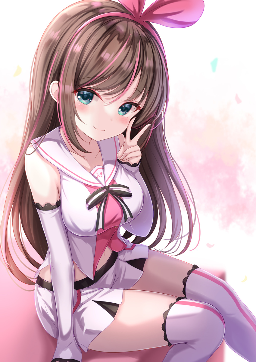 1girl bangs black_bow black_bowtie blue_eyes blush bow bow_hairband bowtie breasts brown_hair closed_mouth commentary_request detached_sleeves eyebrows_visible_through_hair feet_out_of_frame hairband hand_up highres kizuna_ai kizuna_ai_inc. lace-trimmed_legwear lace_trim long_hair long_sleeves looking_at_viewer medium_breasts pink_hair sailor_collar shirt sitting skirt sleeves_past_wrists smile solo thigh-highs v virtual_youtuber white_legwear white_sailor_collar white_shirt white_skirt yuano