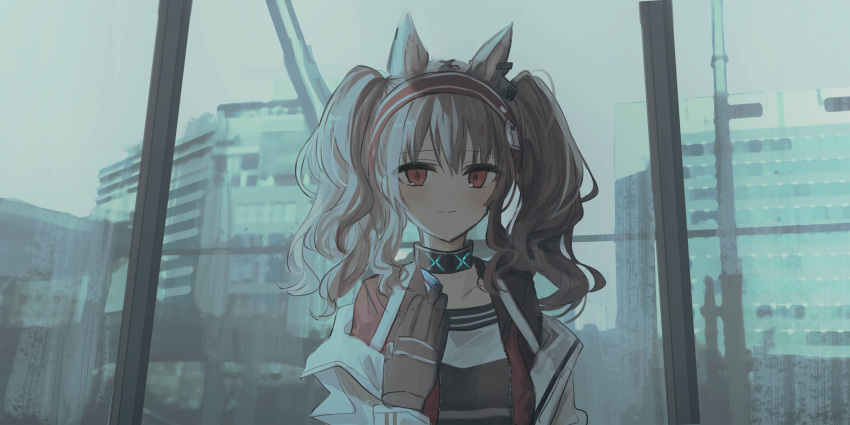 1girl absurdres angelina_(arknights) animal_ears arknights black_collar black_gloves black_shirt brown_hair building chihuri collar commentary extra_ears fox_ears gloves hairband hand_up highres infection_monitor_(arknights) jacket long_hair open_clothes open_jacket red_eyes red_hairband shirt sidelocks sketch skyscraper smile solo split_mouth twintails upper_body white_jacket window