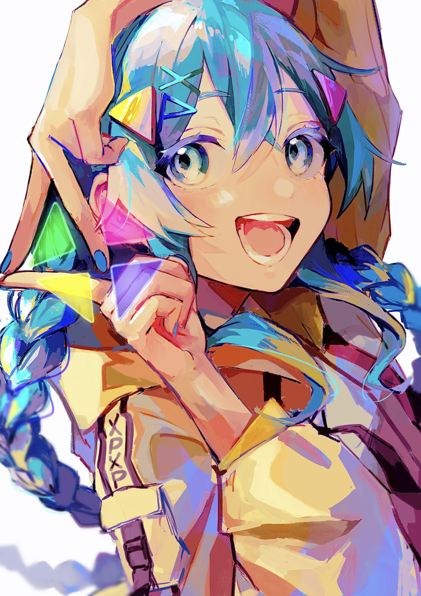 1other :d absurdres arm_over_head bangs blue_eyes blue_hair blue_nails braid copyright_request crossed_bangs eyebrows_visible_through_hair hair_between_eyes hair_ornament hairclip hand_up highres long_hair looking_at_viewer nowatari_hii open_mouth simple_background smile solo teeth triangle twin_braids upper_body white_background