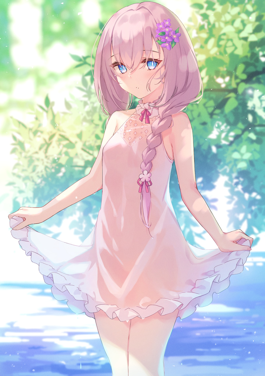 1girl bangs bare_legs blue_eyes blush braid branch clothes_lift cowboy_shot dress dress_lift eyebrows_visible_through_hair flower hair_flower hair_ornament highres lifted_by_self long_hair looking_at_viewer miyanome original outdoors parted_lips partially_submerged pink_dress pink_hair see-through single_braid tree water