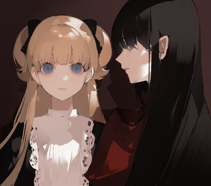2girls :| apron bangs black_eyes black_hair blonde_hair blue_eyes bow chongzhen_085 closed_mouth dress emilico_(shadows_house) expressionless hair_bow hair_down highres kate_(shadows_house) long_hair maid_apron multiple_girls painterly profile puffy_sleeves red_dress shadows_house spoilers twintails two_side_up