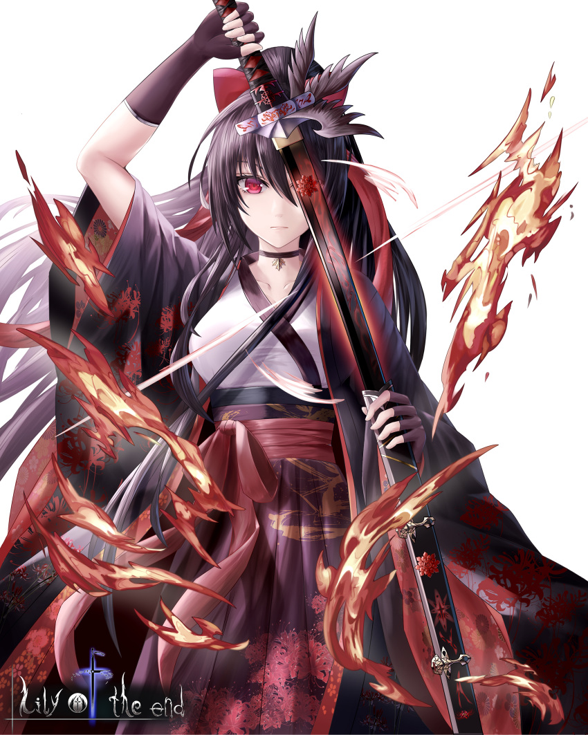 1404433 1girl absurdres arm_up bangs black_choker black_gloves black_hair bow breasts choker closed_mouth collarbone drawing_sword fingerless_gloves fire floral_print gloves hair_between_eyes hair_bow hakama hakama_skirt haori highres holding holding_sword holding_weapon japanese_clothes katana kimono looking_at_viewer one_eye_covered original ponytail purple_skirt red_bow red_eyes sash sheath skirt solo sword tachi_(weapon) weapon white_background white_kimono wide_sleeves