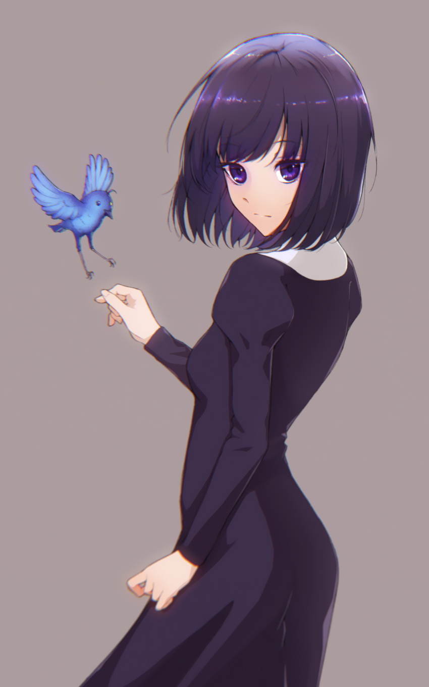 1girl absurdres ass_visible_through_thighs blue_bird clothing_request expressionless grey_background highres kuonji_alice looking_at_viewer mahou_tsukai_no_yoru purple_hair shichiroku_(pixiv_25029782) short_hair solo type-moon violet_eyes