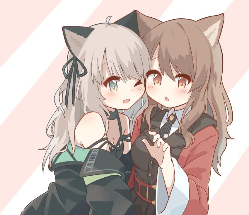 2girls absurdres ahoge animal_ears arknights black_jacket black_necktie black_ribbon black_shirt blush breasts brown_hair cat_ears cheek-to-cheek chestnut_mouth collared_shirt green_eyes grey_hair hair_ribbon heads_together highres jacket long_hair long_sleeves mint_(arknights) multiple_girls necktie off_shoulder open_clothes open_jacket open_mouth pink_background red_jacket ribbon ryoku_sui shirt skyfire_(arknights) small_breasts striped striped_background two-tone_background undershirt upper_body white_background white_shirt wide_sleeves yellow_eyes yuri