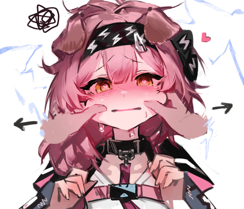 1girl animal_ears arknights arrow_(symbol) bangs black_hairband blush brown_eyes cat_ears cheek_pull collar disembodied_limb electricity eyebrows_visible_through_hair goldenglow_(arknights) hairband heart heart-shaped_pupils highres libiadan lightning_bolt_print long_hair looking_at_viewer motion_lines nose_blush parted_lips pink_hair pov shirt simple_background solo_focus squiggle sweat symbol-shaped_pupils tears trembling upper_body white_background white_shirt
