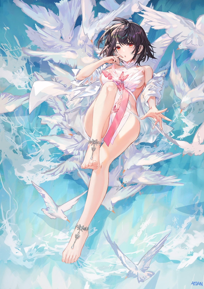 1girl animal anklet atdan bare_legs bare_shoulders barefoot barefoot_sandals bird black_hair breasts feet full_body highres jewelry large_breasts leg_up looking_at_viewer no_bra no_panties off_shoulder open_clothes open_shirt original parted_lips red_eyes revealing_clothes see-through shirt short_hair sideless_outfit solo thighs white_shirt