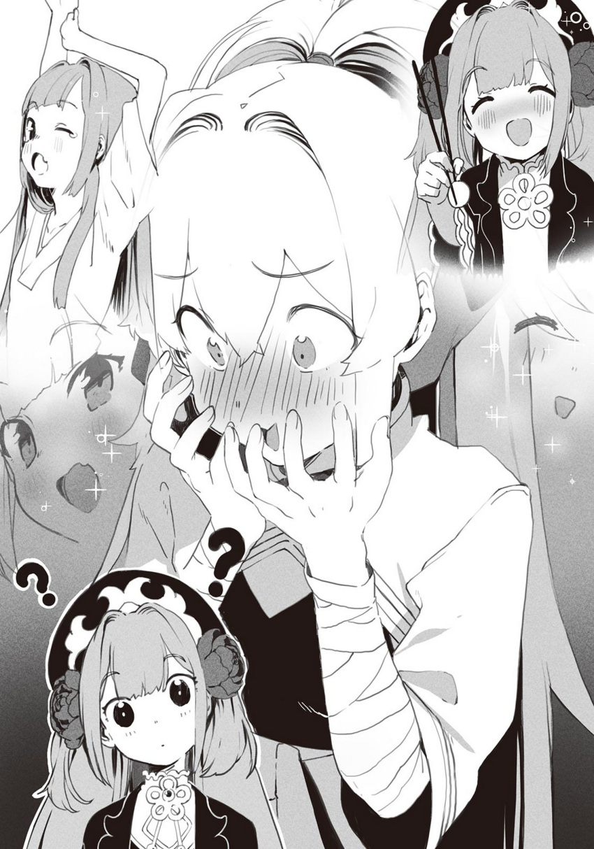 2girls ? ^_^ arms_up bachou_(touhakuden) bandaged_arm bandages bangs blush child chopsticks closed_eyes fang hands_on_own_face hat highres holding holding_chopsticks kanzarin long_hair monochrome multiple_girls non-web_source novel_illustration official_art open_mouth ponytail skin_fang smile sparkle tears touhaku_(touhakuden) touhakuden twintails