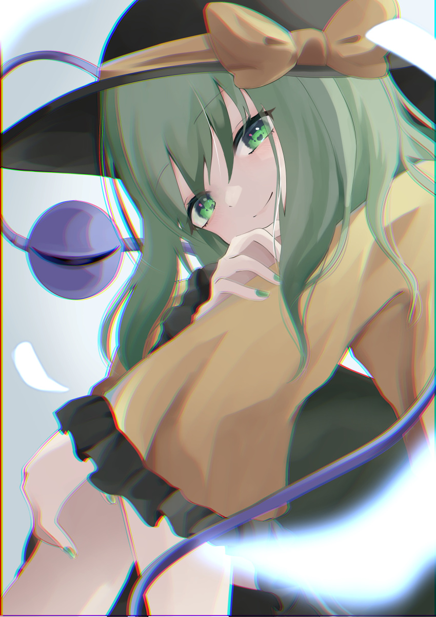 1girl absurdres black_headwear blouse blush chromatic_aberration closed_mouth commentary_request eyeball eyebrows_visible_through_hair frilled_sleeves frills green_eyes green_hair green_nails green_skirt hat hat_ribbon highres komeiji_koishi long_sleeves looking_at_viewer medium_hair pahenyon ribbon sitting skirt smile solo third_eye touhou wavy_hair white_background wide_sleeves yellow_blouse yellow_ribbon