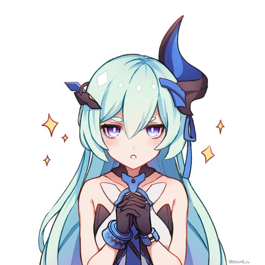 1girl :o absurdres bangs black_gloves blue_dress blue_eyes blue_hair dress gloves highres hn_(honyori_ta) honkai_(series) honkai_impact_3rd horns liliya_olenyeva long_hair looking_at_viewer open_mouth own_hands_together simple_background single_horn sleeveless sleeveless_dress solo sparkle white_background