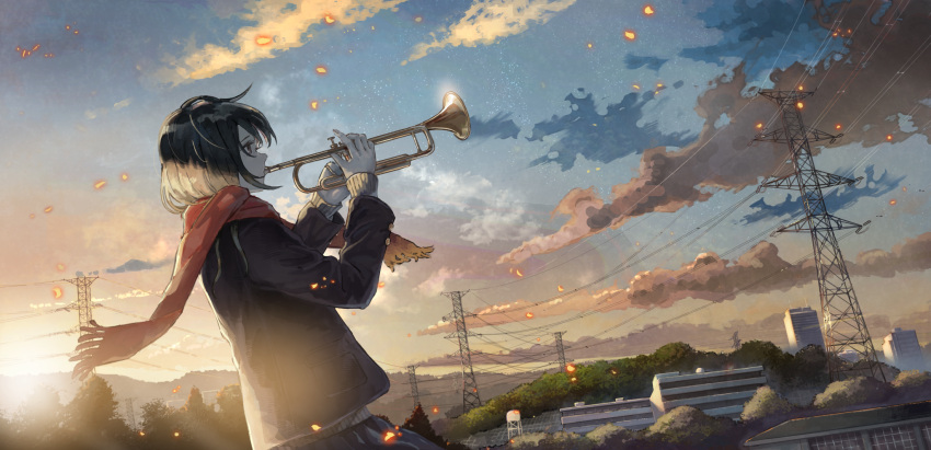1girl bangs building clouds from_side highres holding holding_instrument instrument jacket medium_hair music original outdoors playing_instrument pleated_skirt red_scarf sakura_inu_(itoyatomo) scarf scenery skirt sky sweater transmission_tower tree trumpet
