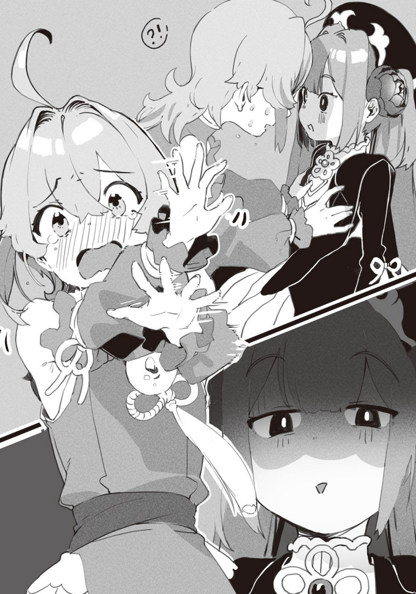 !? 1boy 1girl ahoge androgynous bangs bare_shoulders blush child detached_sleeves hair_intakes hands_on_another's_chest hat highres kanzarin kisei_(touhakuden) monochrome non-web_source novel_illustration official_art open_mouth shaded_face short_hair sweat touhaku_(touhakuden) touhakuden twintails