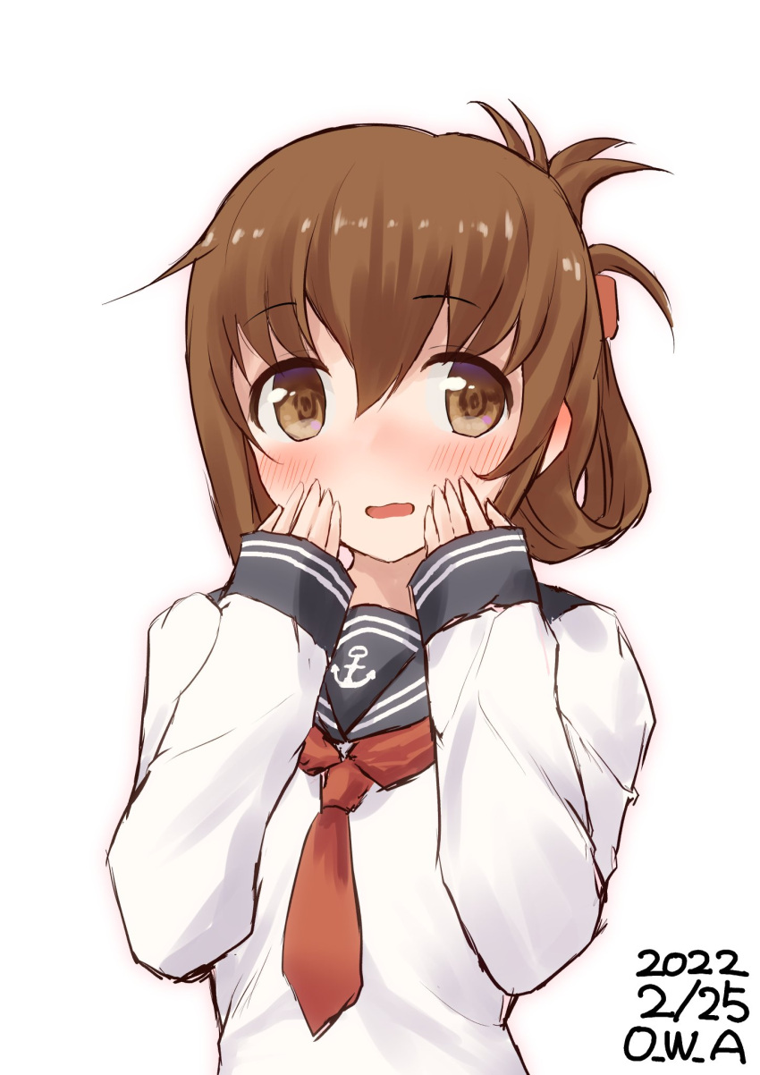 1girl anchor_symbol black_sailor_collar brown_eyes brown_hair dated folded_ponytail hands_on_own_face highres inazuma_(kancolle) kantai_collection long_hair looking_at_viewer neckerchief one-hour_drawing_challenge owa_(ishtail) red_neckerchief sailor_collar school_uniform serafuku simple_background solo twitter_username upper_body white_background
