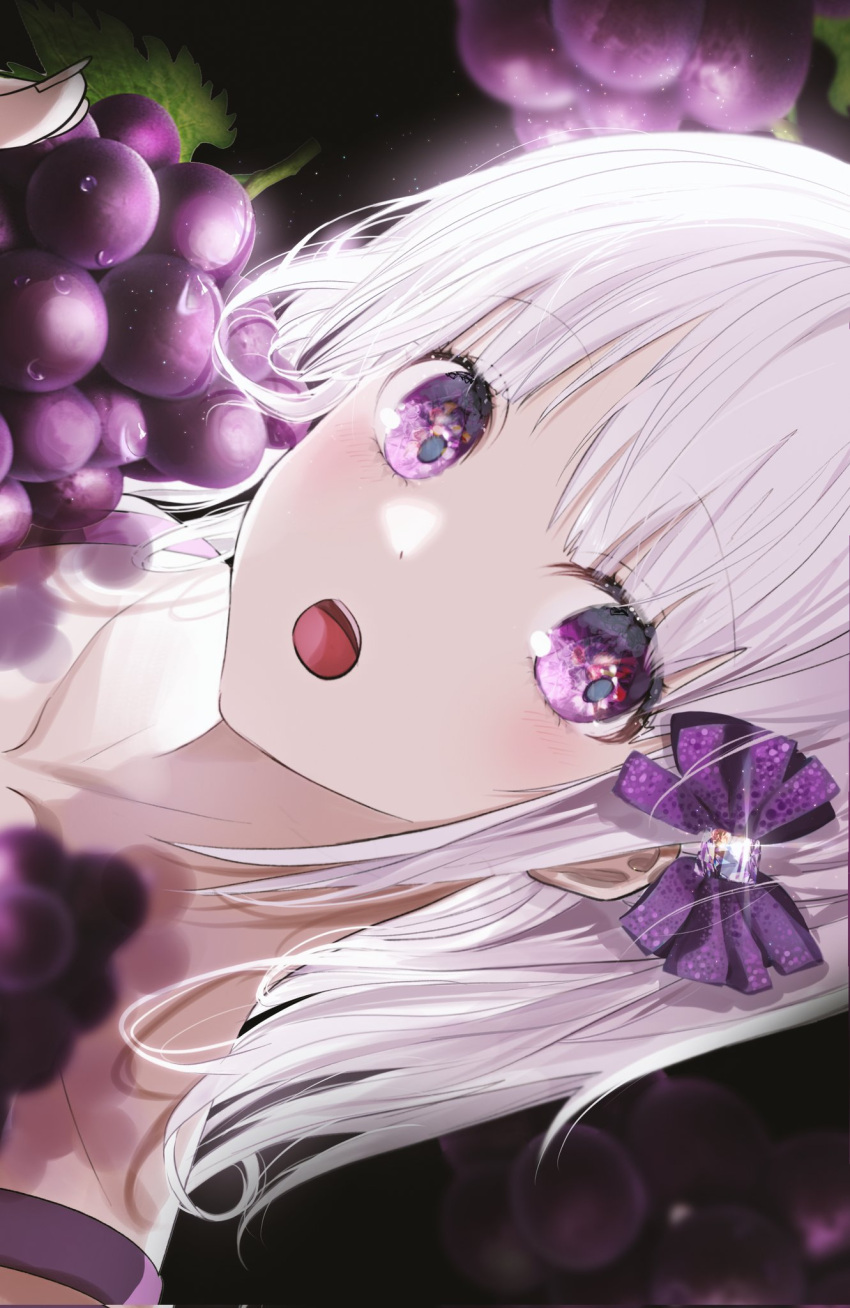 1girl bow camisole collarbone dark_background dutch_angle food fruit grapes hair_bow highres isobe47 light_particles looking_to_the_side medium_hair open_mouth original portrait purple_bow purple_camisole teeth violet_eyes white_hair