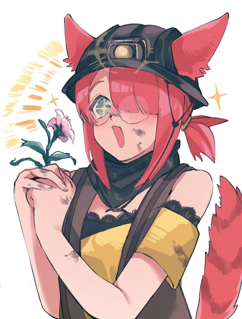 +_+ 1girl animal_ears arknights black_scarf black_vest dirty dirty_face ears_through_headwear flower fox_ears fox_girl fox_tail glasses green_eyes hair_over_one_eye happy highres holding holding_flower light mining_helmet mmm_ma_pmpm myrrh_(arknights) open_mouth redhead scarf shirt short_hair simple_background solo sparkle tail vest white_background yellow_shirt