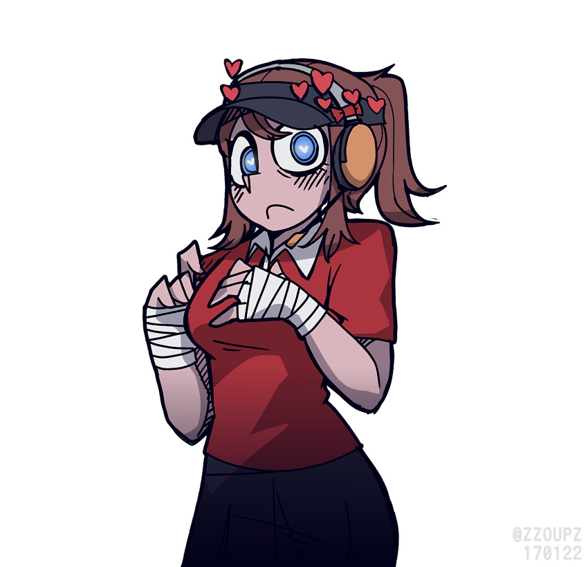 1girl bandaged_hand bandages bangs black_skirt blue_eyes blush breasts brown_hair closed_mouth commentary english_commentary headphones heart heart-shaped_pupils helltaker high_ponytail highres looking_at_viewer medium_breasts red_shirt shirt short_sleeves sidelocks simple_background skirt solo symbol-shaped_pupils team_fortress_2 the_scout upper_body vanripper_(style) visor_cap white_background zzoupz