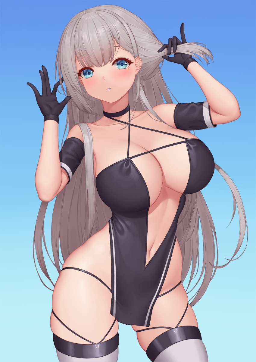 1girl absurdres azur_lane bare_shoulders black_gloves blue_background blue_eyes blush breasts eyebrows_visible_through_hair gloves grey_hair highres large_breasts long_hair looking_at_viewer mole mole_under_eye navel official_alternate_costume pinkcap racequeen shoukaku_(azur_lane) shoukaku_(sororal_wings)_(azur_lane) simple_background