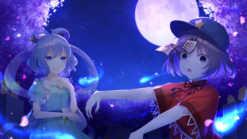 2girls absurdres blue_dress blue_eyes blue_hair blue_headwear cabbie_hat cherry_blossoms dress flower full_body hagoromo hair_ornament hair_rings hair_stick hat hat_ornament highres kaku_seiga lace-trimmed_sleeves lace_trim miyako_yoshika moon multiple_girls ofuda open_clothes open_vest petals pink_flower puffy_short_sleeves puffy_sleeves purple_hair red_shirt shawl shinketsu_kanyu shirt short_hair short_sleeves star_(symbol) star_hat_ornament tombstone touhou vest violet_eyes white_vest wide_sleeves