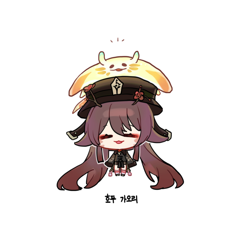 1girl :3 animal_on_head bangs brown_coat brown_footwear brown_headwear brown_shorts chibi closed_mouth coat commentary_request flower genshin_impact hair_flaps hat hat_flower highres hu_tao_(genshin_impact) korean_commentary korean_text long_sleeves manta_ray on_head plum_blossoms porkpie_hat red_flower shoes shorts sidelocks simple_background socks solo sp0i0ppp talisman white_background white_legwear