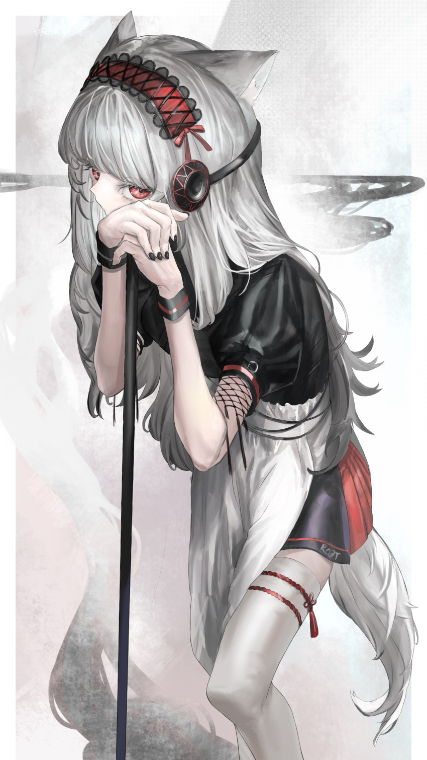 1girl absurdres alternate_costume animal_ears apron arknights black_dress black_nails dress enmaided feet_out_of_frame fox_ears fox_girl fox_tail frostleaf_(arknights) grey_hair hairband headphones highres implied_extra_ears long_hair looking_at_viewer maid own_hands_together red_eyes red_hairband sawatani_(_swt2) short_sleeves solo standing tail thigh-highs white_apron white_background white_legwear
