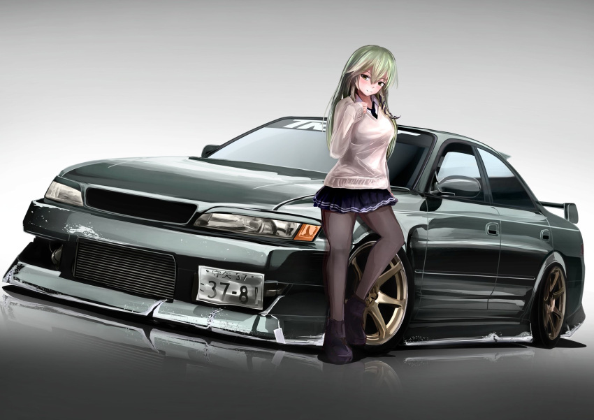 1girl 3books alternate_costume black_necktie black_neckwear breasts car cardigan collared_shirt eyebrows_visible_through_hair green_hair ground_vehicle hand_up highres kochiya_sanae large_breasts long_hair long_sleeves looking_at_viewer miniskirt motor_vehicle necktie pantyhose school_uniform shirt shoes simple_background skirt smile solo standing sweater touhou toyota toyota_mark_ii white_background white_shirt