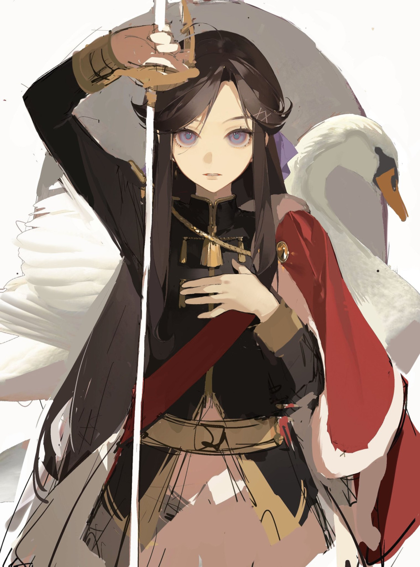 1girl aiguillette bangs bird black_hair bow chongzhen_085 epaulettes fur-trimmed_jacket fur_trim grey_skirt hair_bow hair_ornament hand_on_own_chest highres holding holding_sword holding_weapon jacket jacket_on_shoulders long_sleeves looking_at_viewer military_jacket ornate_clothes parted_bangs rapier red_sash sash shoujo_kageki_revue_starlight skirt swan sword tendou_maya violet_eyes waist_cape weapon x_hair_ornament yellow_belt