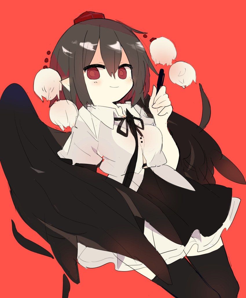 1girl 76gpo bangs bird_wings black_hair black_legwear black_ribbon black_skirt black_wings blush closed_mouth collared_shirt dutch_angle feathers frilled_skirt frills hair_between_eyes hat highres looking_at_viewer looking_down neck_ribbon pen pointy_ears pom_pom_(clothes) red_background red_eyes red_headwear ribbon shameimaru_aya shiny shiny_hair shirt simple_background skirt smile solo thigh-highs tokin_hat touhou white_shirt wings