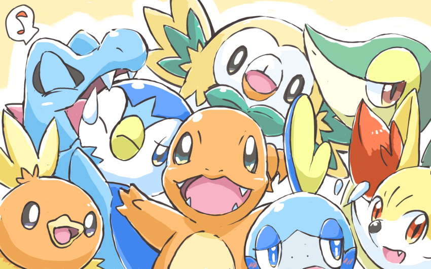 blue_eyes blush brown_eyes charmander closed_eyes commentary_request fang fangs fennekin flying_sweatdrops highres kurou_(nndh7223) looking_at_viewer looking_away musical_note no_humans open_mouth piplup pokemon pokemon_(creature) rowlet sideways_glance smile snivy sobble tongue torchic totodile