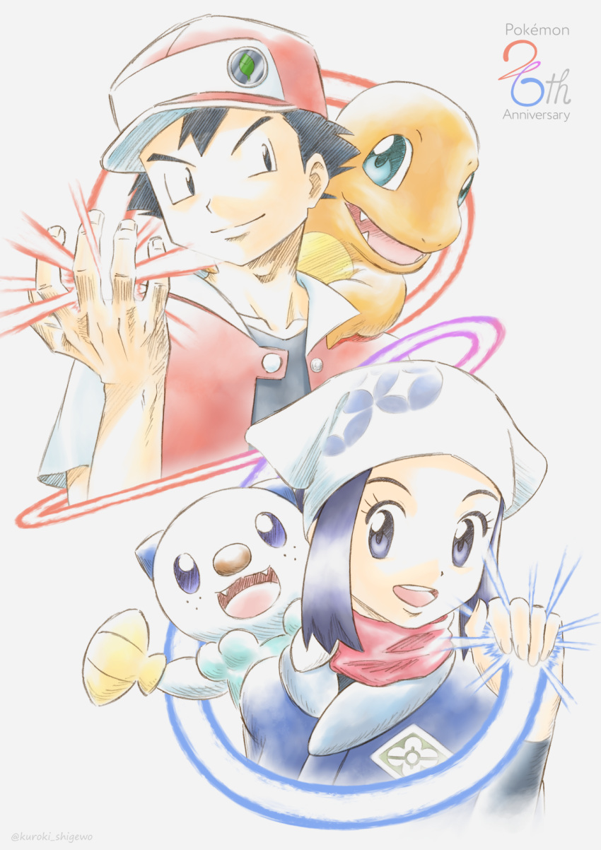 1boy 1girl :d akari_(pokemon) anniversary bangs black_eyes black_hair charmander closed_mouth commentary_request eyelashes grey_eyes hand_up hat head_scarf highres jacket kuroki_shigewo on_shoulder open_clothes open_jacket open_mouth oshawott pokemon pokemon_(creature) pokemon_(game) pokemon_legends:_arceus pokemon_on_shoulder pokemon_rgby red_(pokemon) red_headwear red_scarf scarf seashell shell shirt short_hair short_sleeves sidelocks smile teeth tongue upper_teeth white_headwear