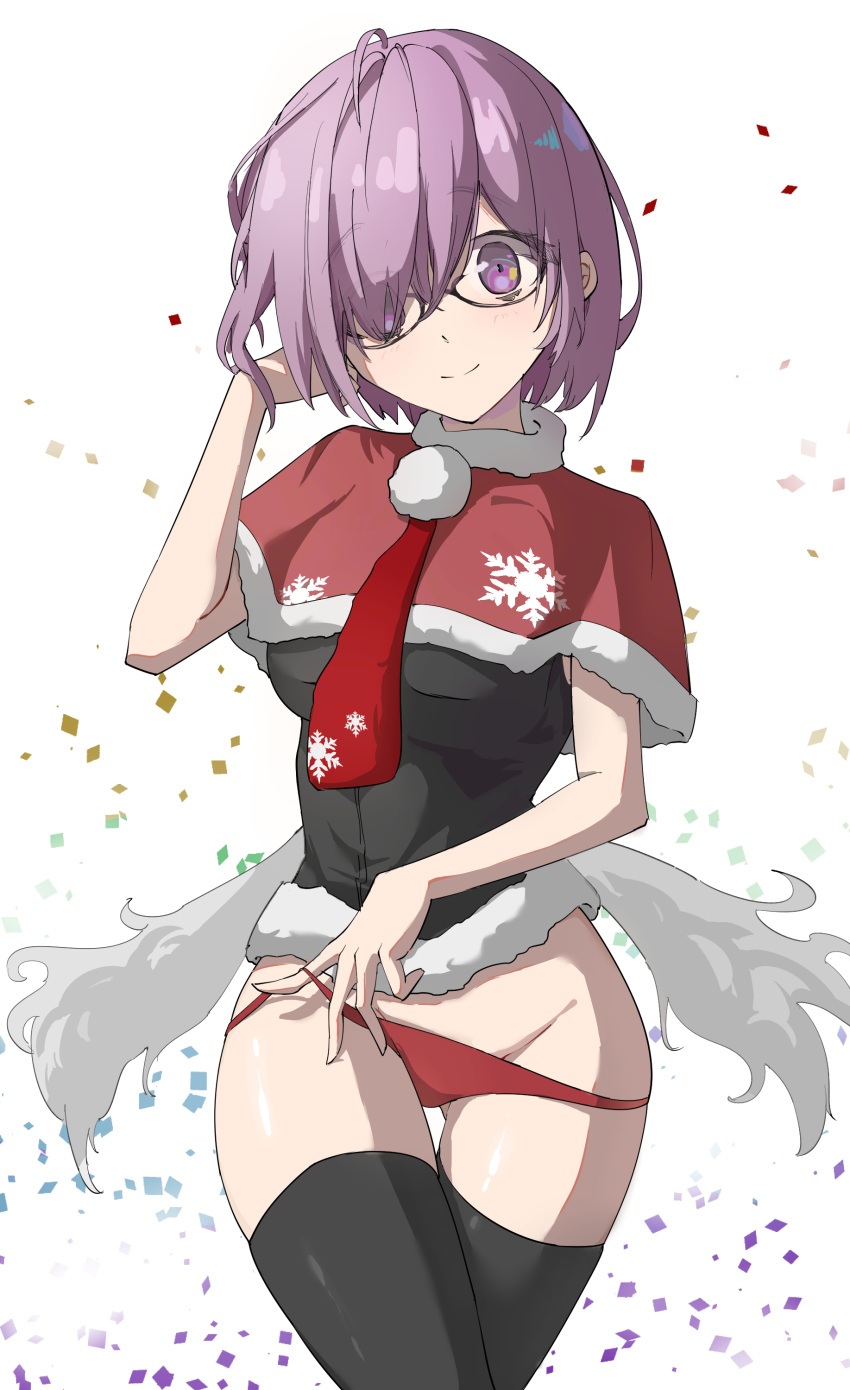 1girl absurdres ahoge ass_visible_through_thighs black_legwear closed_mouth commentary_request confetti cowboy_shot fate/grand_order fate_(series) fur_trim glasses hair_over_one_eye hand_up hano_(1507197602) highres looking_at_viewer mash_kyrielight necktie panties pantyhose purple_hair red_panties short_hair short_sleeves simple_background smile snowflake_print solo split_mouth thigh-highs thigh_gap underwear violet_eyes white_background