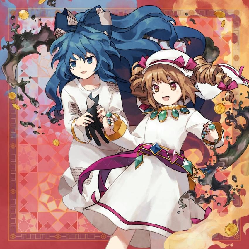 2girls blue_bow blue_eyes blue_hair bow brown_eyes dress drill_hair hair_bow hat highres jewelry kaigen_1025 long_hair long_sleeves multiple_girls open_mouth ring siblings sisters smile touhou touhou_gouyoku_ibun twin_drills twintails white_dress white_headwear yorigami_jo'on yorigami_shion
