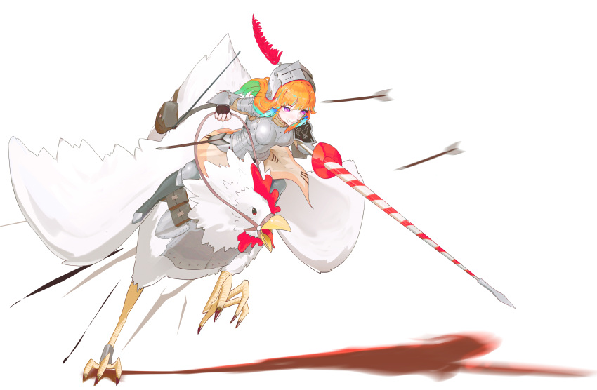 1girl absurdres alternate_costume armor arrow_(projectile) beige_skirt bird breastplate chicken earrings eyebrows_behind_hair feather_earrings feathers floating_hair greaves green_hair grin hair_behind_ear helmet highres holding holding_polearm holding_weapon hololive hololive_english jewelry knight lance long_hair multicolored_hair orange_hair pauldrons plume polearm riding ryeon_(bluetom1) shoulder_armor smile solo streaked_hair takanashi_kiara talons v-shaped_eyebrows violet_eyes virtual_youtuber weapon