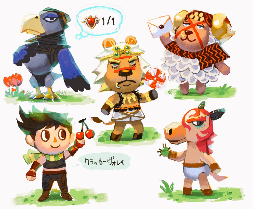 5boys animal_crossing animalization battle_tendency beetle bird black_hair bug cherry chocoblood crossover eagle esidisi facial_mark fingerless_gloves flower food fruit gloves green_scarf highres horns horse jojo_no_kimyou_na_bouken joseph_joestar joseph_joestar_(young) kars_(jojo) letter lion midriff multicolored_clothes multicolored_scarf multiple_boys pinwheel red_stone_of_aja santana_(jojo) scarf sheep striped striped_scarf villager_(animal_crossing) wamuu yellow_scarf