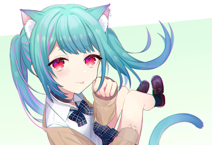 1girl :p absurdres animal_ear_fluff animal_ears aqua_hair bangs black_hair blue_bow blue_legwear blush bow bowtie brown_footwear cat_ears cat_girl cat_tail choker collared_shirt commentary earrings eyebrows_visible_through_hair gradient gradient_background green_background highres hololive jacket jewelry kemonomimi_mode loafers long_hair long_sleeves looking_at_viewer multicolored_hair paw_pose pink_eyes pink_hair plaid plaid_bow plaid_bowtie plaid_skirt pleated_skirt red_eyes school_uniform shirt shoes skirt sleeves_past_wrists smile socks solo streaked_hair symbol-only_commentary tail tongue tongue_out twintails uehara_(dormmmmir_) uruha_rushia very_long_hair virtual_youtuber white_shirt