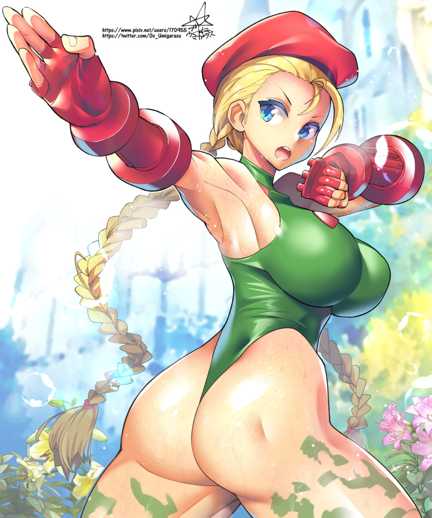 1girl armpits ass bangs beret blonde_hair blue_eyes bodypaint braid breasts cammy_white cowboy_shot fingerless_gloves gloves green_leotard hat highres large_breasts leotard long_hair looking_to_the_side muscular muscular_female open_mouth pixiv_id plant red_gloves red_headwear revision signature solo street_fighter street_fighter_ii_(series) thong thong_leotard twin_braids twitter_username umigarasu_(kitsune1963) v-shaped_eyebrows