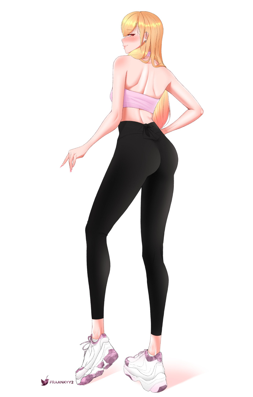 absurdres black_pants blonde_hair blush bra fraankyy full_body hand_on_hip highres kitagawa_marin lips looking_at_viewer looking_back pants shoes sidelocks skin_tight smile sneakers sono_bisque_doll_wa_koi_wo_suru sports_bra sportswear standing tall thick_thighs thighs tight underwear unfinished white_footwear yoga_pants